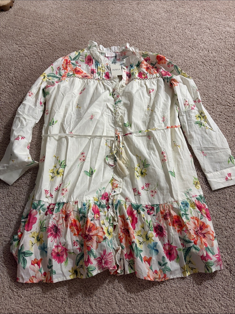 Avara White Floral Mini Dress with Pink & Orange Blooms NWT